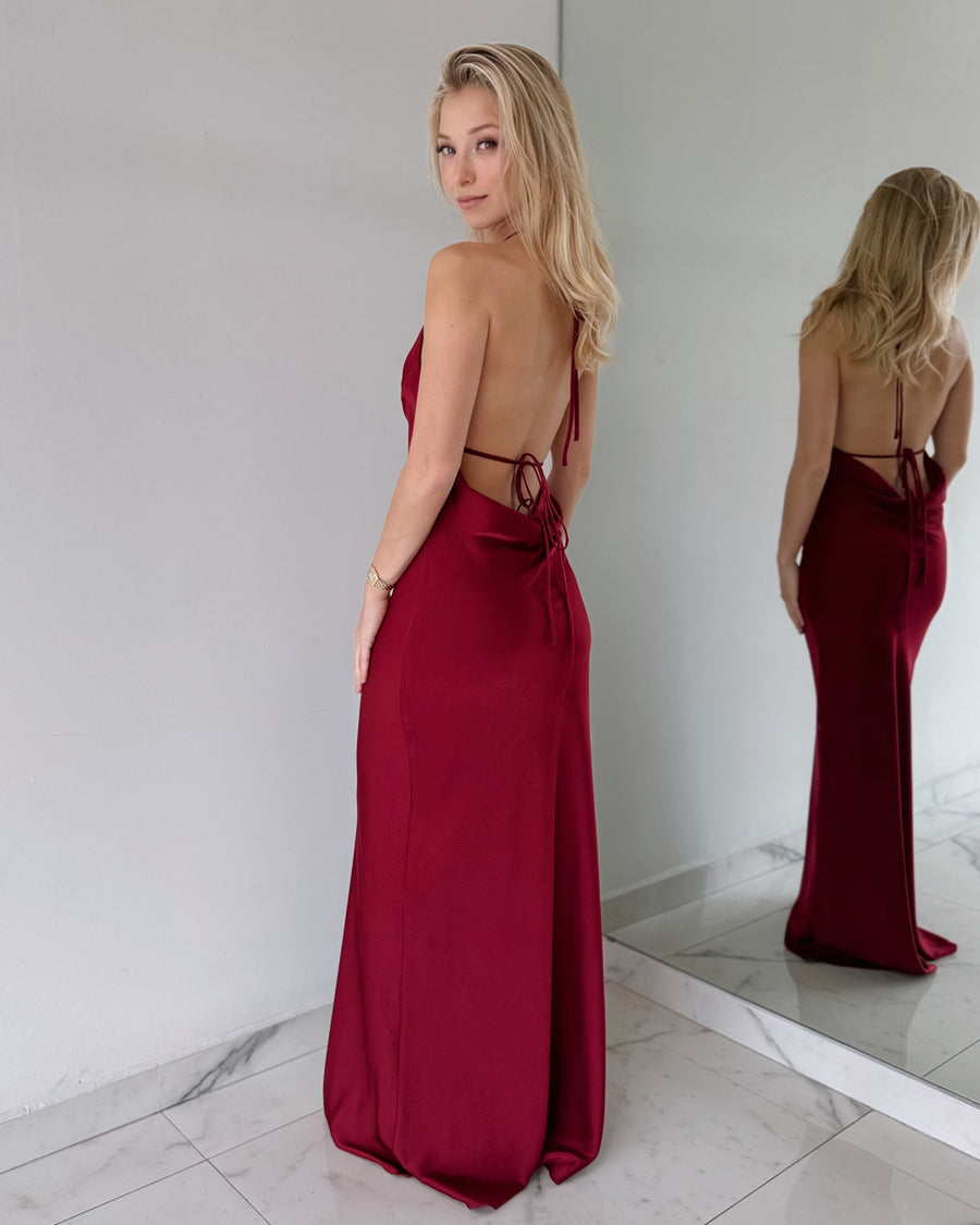 Wine Open Back Silk Gown Dress