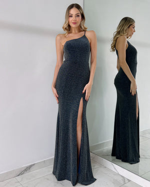 Navy One Shoulder Gown Dress