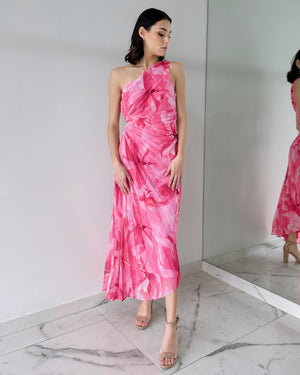 Pink Floral Asymmetrical Midi Dress