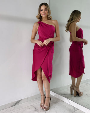 Pink Magenta One Shoulder Midi Dress