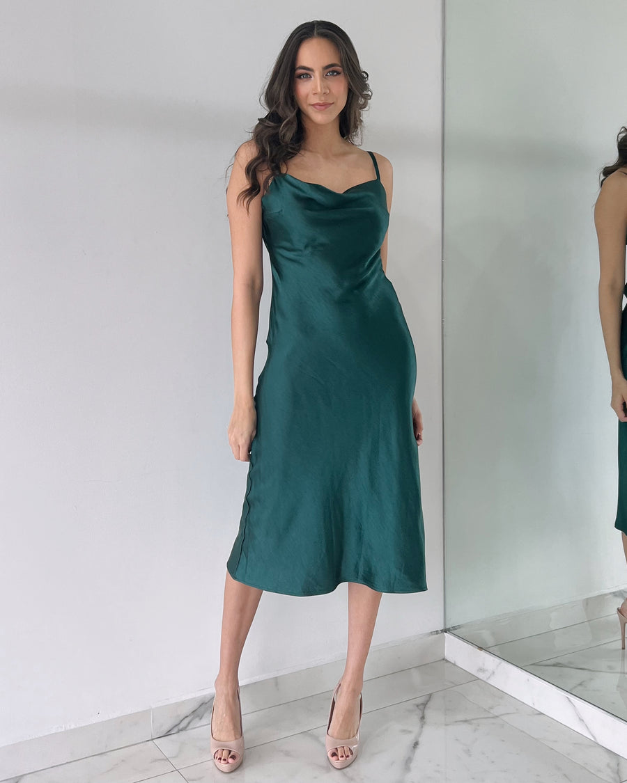 Forest Green Open Back Silk Midi Dress