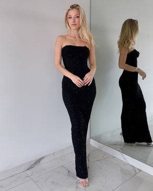 Black Strapless Pearl Maxi Dress