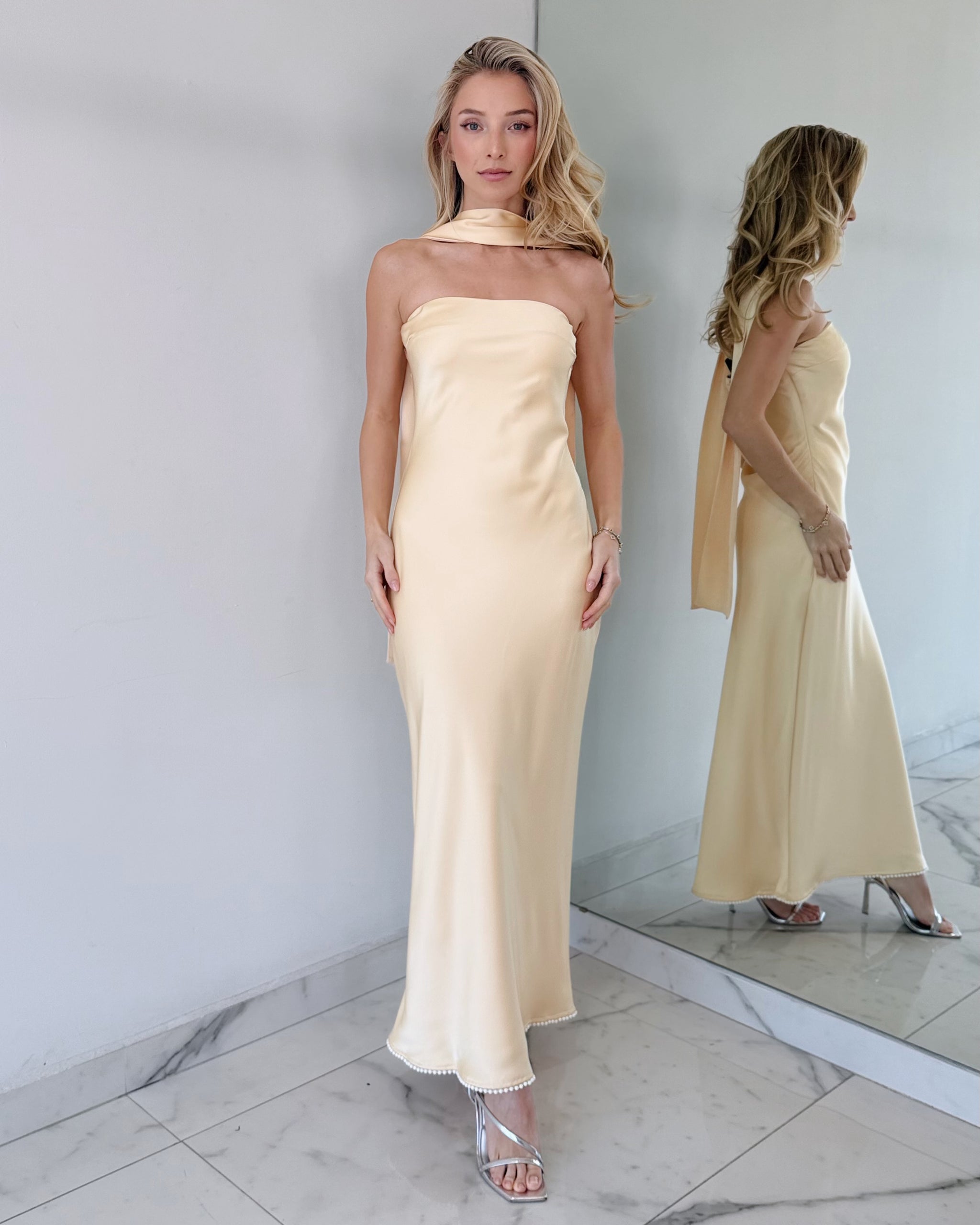 Butter Yellow Strapless Pearl Detail Choker Midi Dress