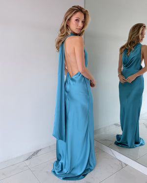 Baby Blue Halter Open Back Gown Dress
