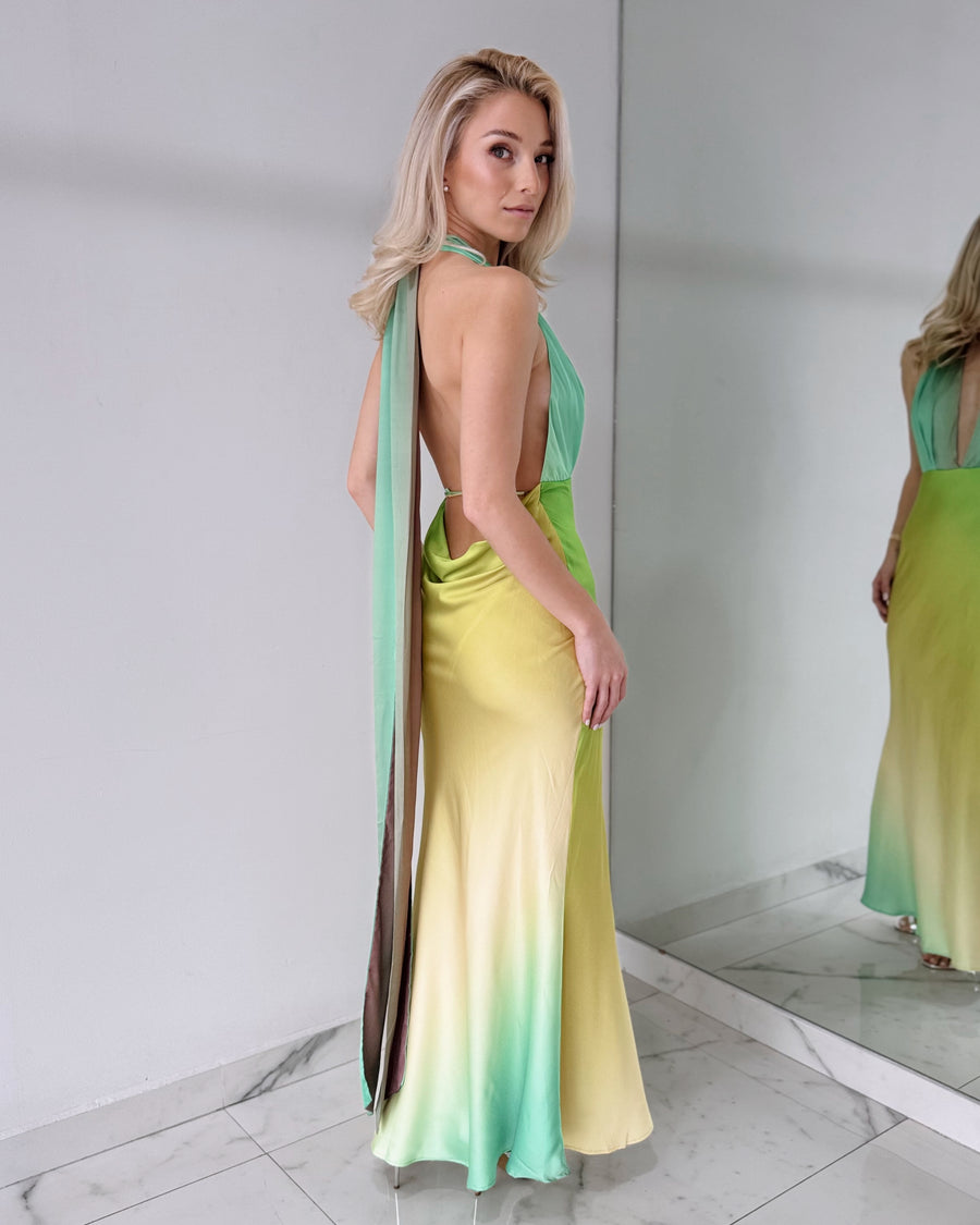 Blue Green V Neck Open Back Maxi Dress