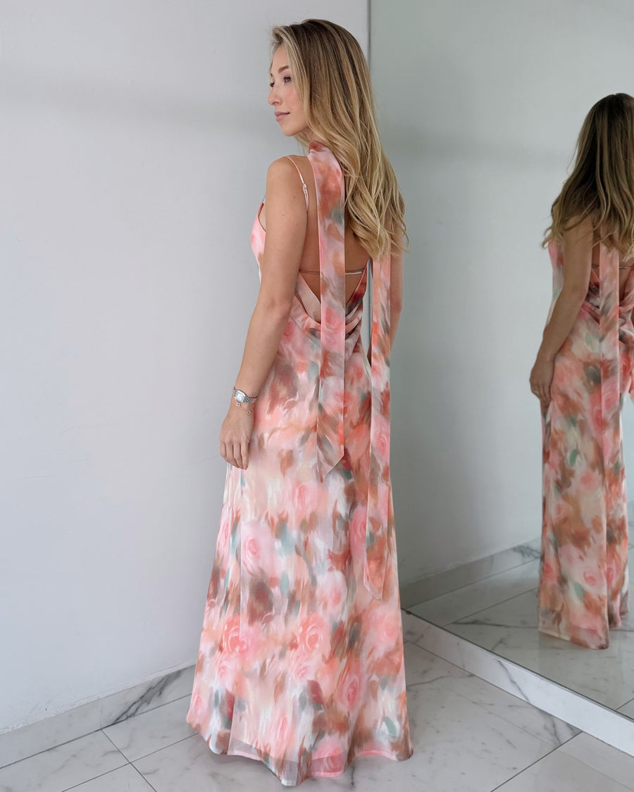 Pink Print Choker Detail Maxi Dress