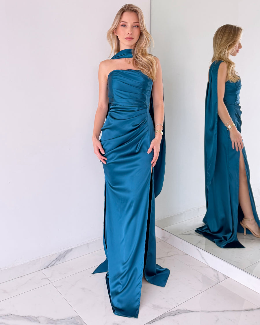 Blue Teal Strapless Choker Gown Dress