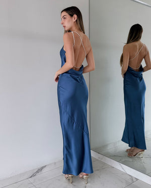Blue One Shoulder Pearl Maxi Dress