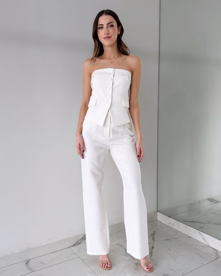 White Strapless Top + Pant Two Piece Set