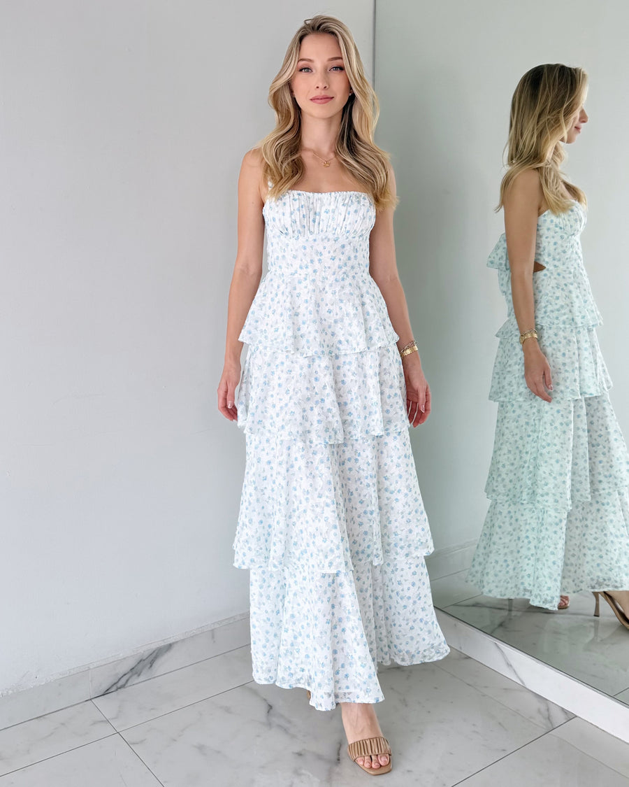 Baby Blue Floral Print Ruffle Maxi Dress