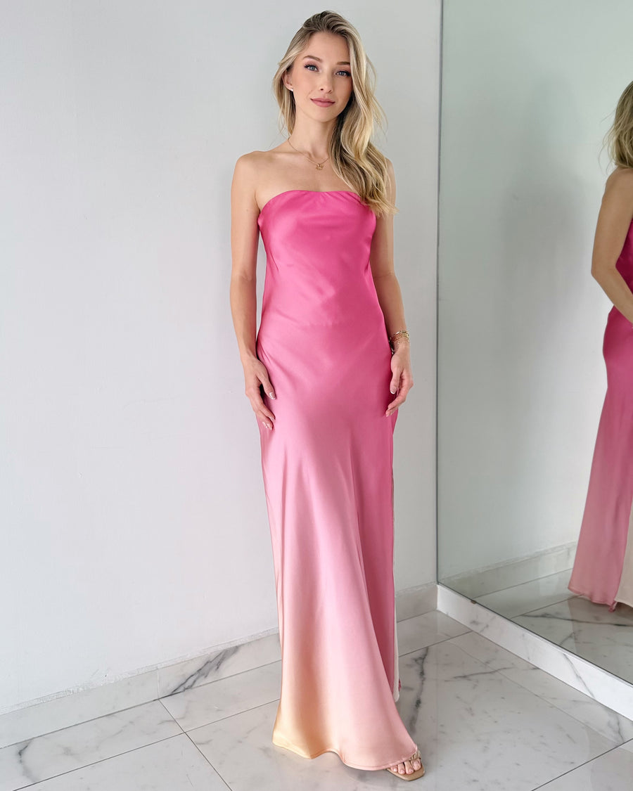 Pink Print Strapless Open Leg Maxi Dress