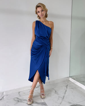 Blue One Shoulder Midi Dress