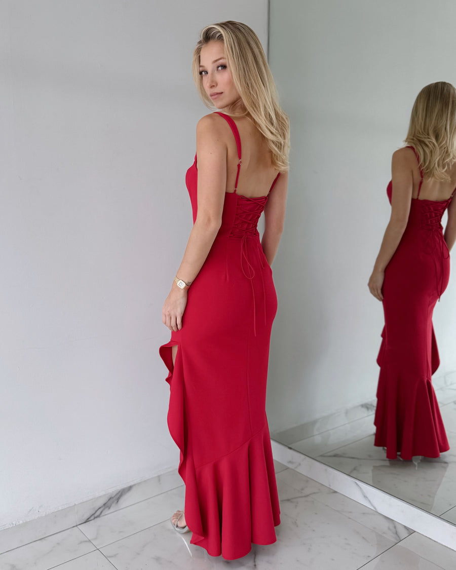 Red Ruffle Midi Dress