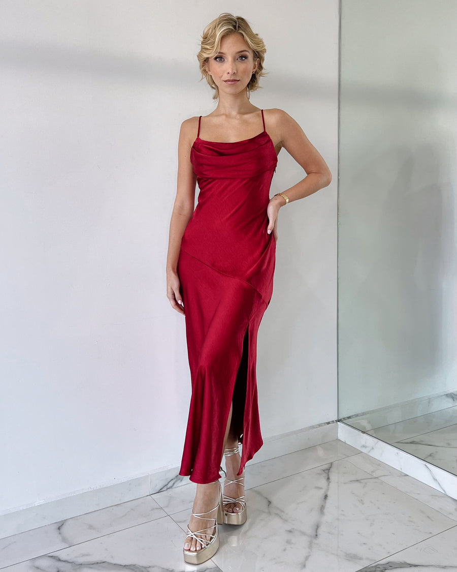 Wine Basic Silk Midi Dress