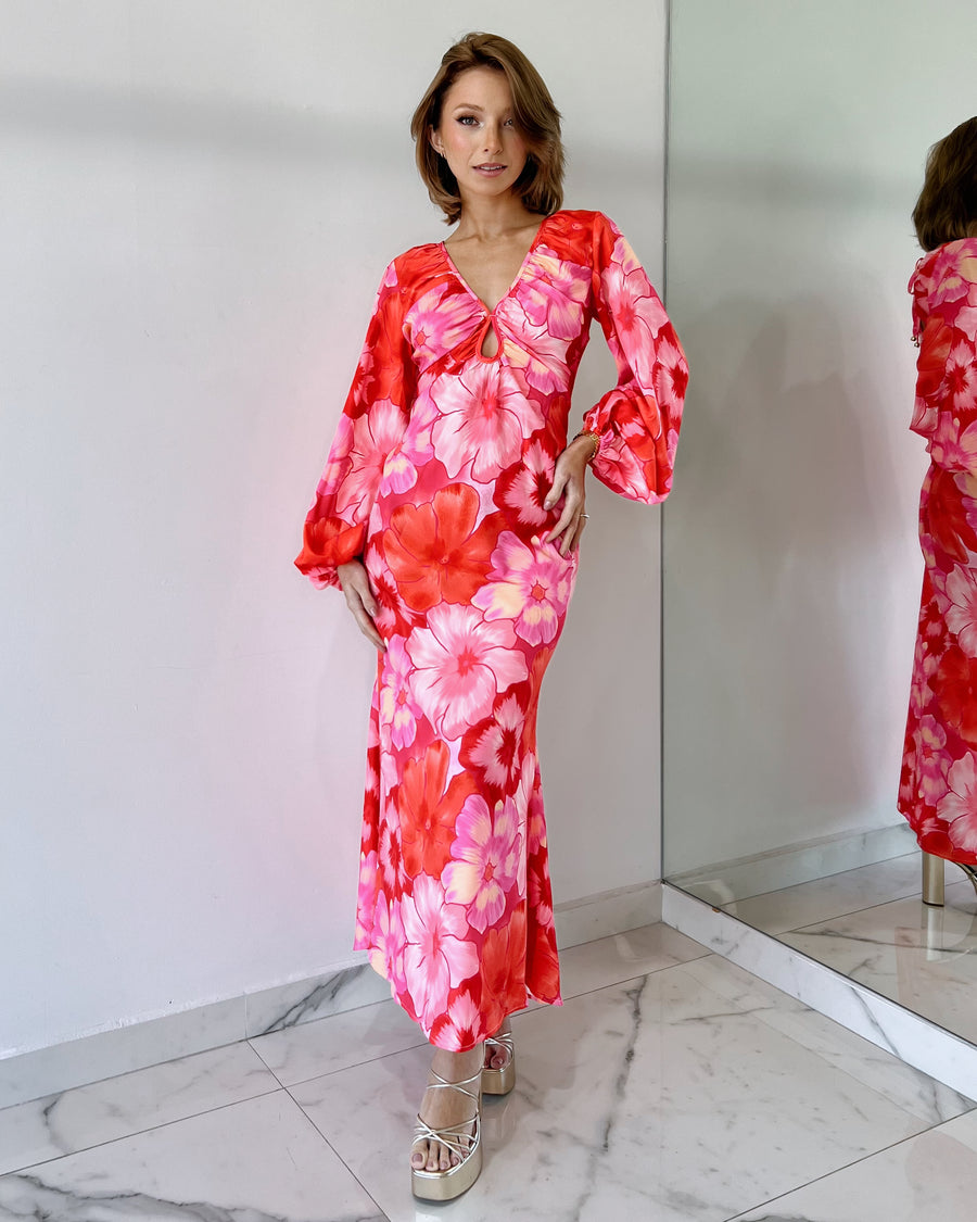 Pink Floral Sleeve Pads Maxi Dress