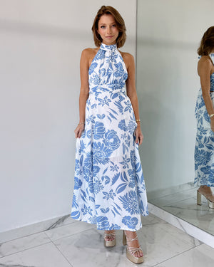 Baby Blue Floral Print Halter Midi Dress