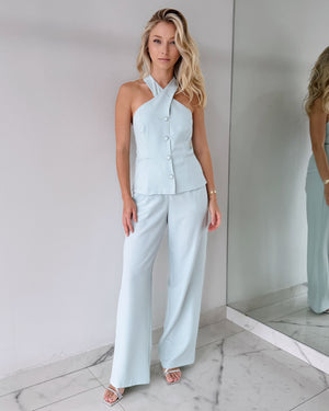 Baby Blue Halter Top + Pant Two Piece Set