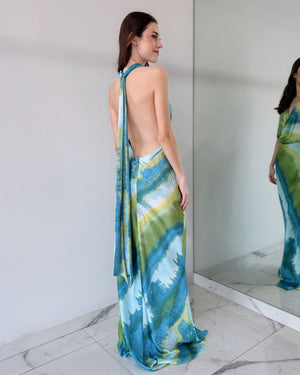 Blue Print Open Back Gown Dress
