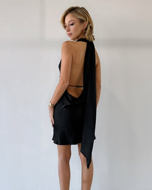 Black V Neck Silk Mini Dress