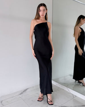 Black One Shoulder Pearl Maxi Dress