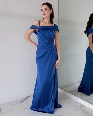 Blue Off Shoulder Gown Dress