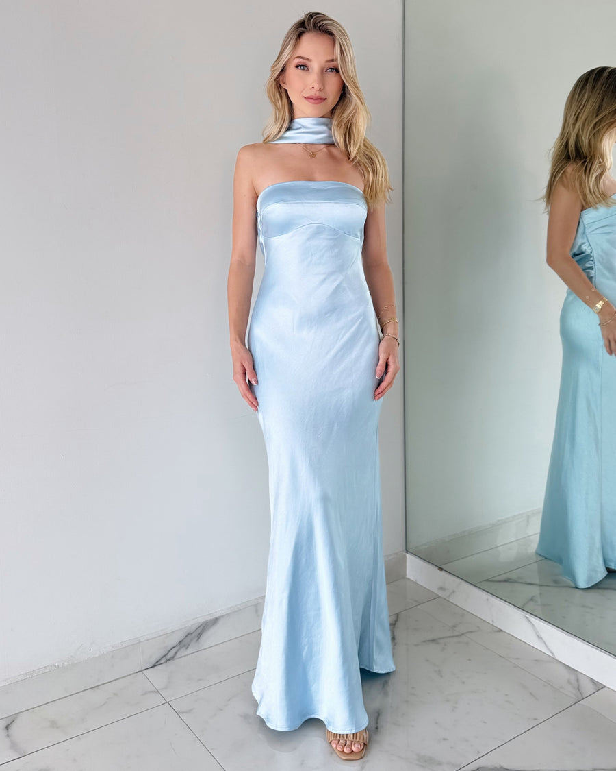 Baby Blue Strapless Choker Maxi Dress