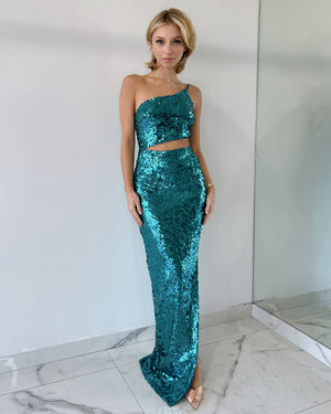 Turquoise Sequin Gown Dress