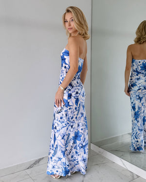 Blue Floral Strapless Maxi Dress