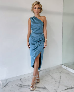 Blue One Shoulder Midi Dress