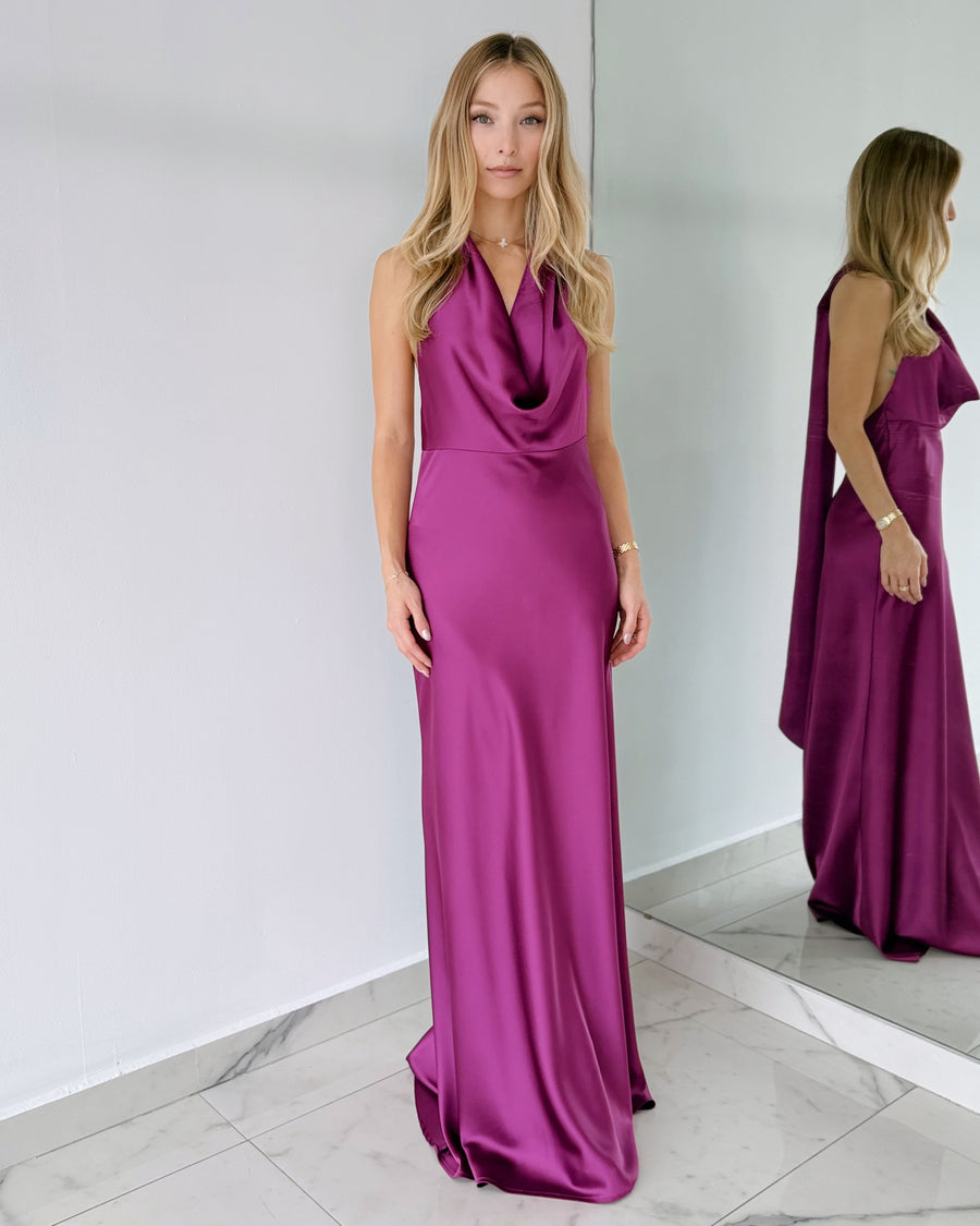 Magenta Halter Open Back Gown Dress