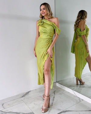 Lime One Shoulder Midi Dress