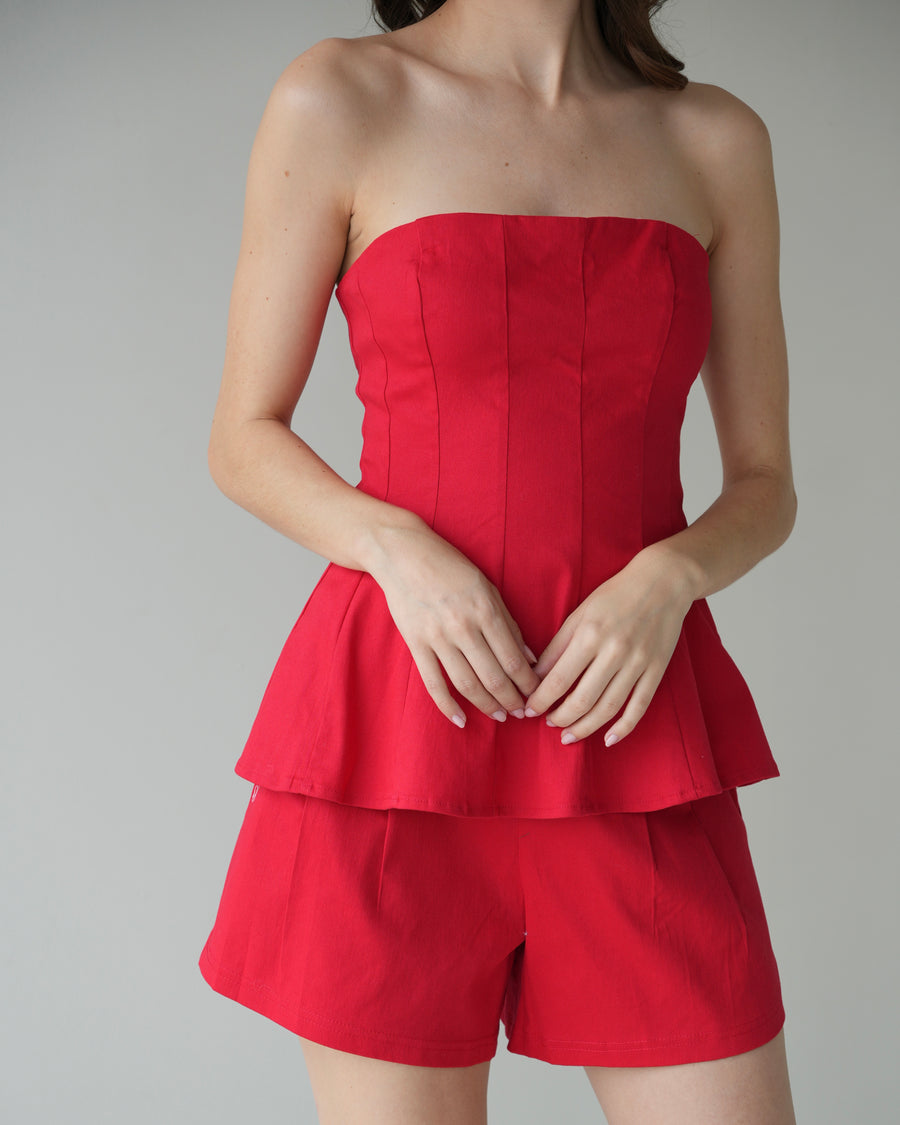 Red Strapless Top + Short Two Piece Set