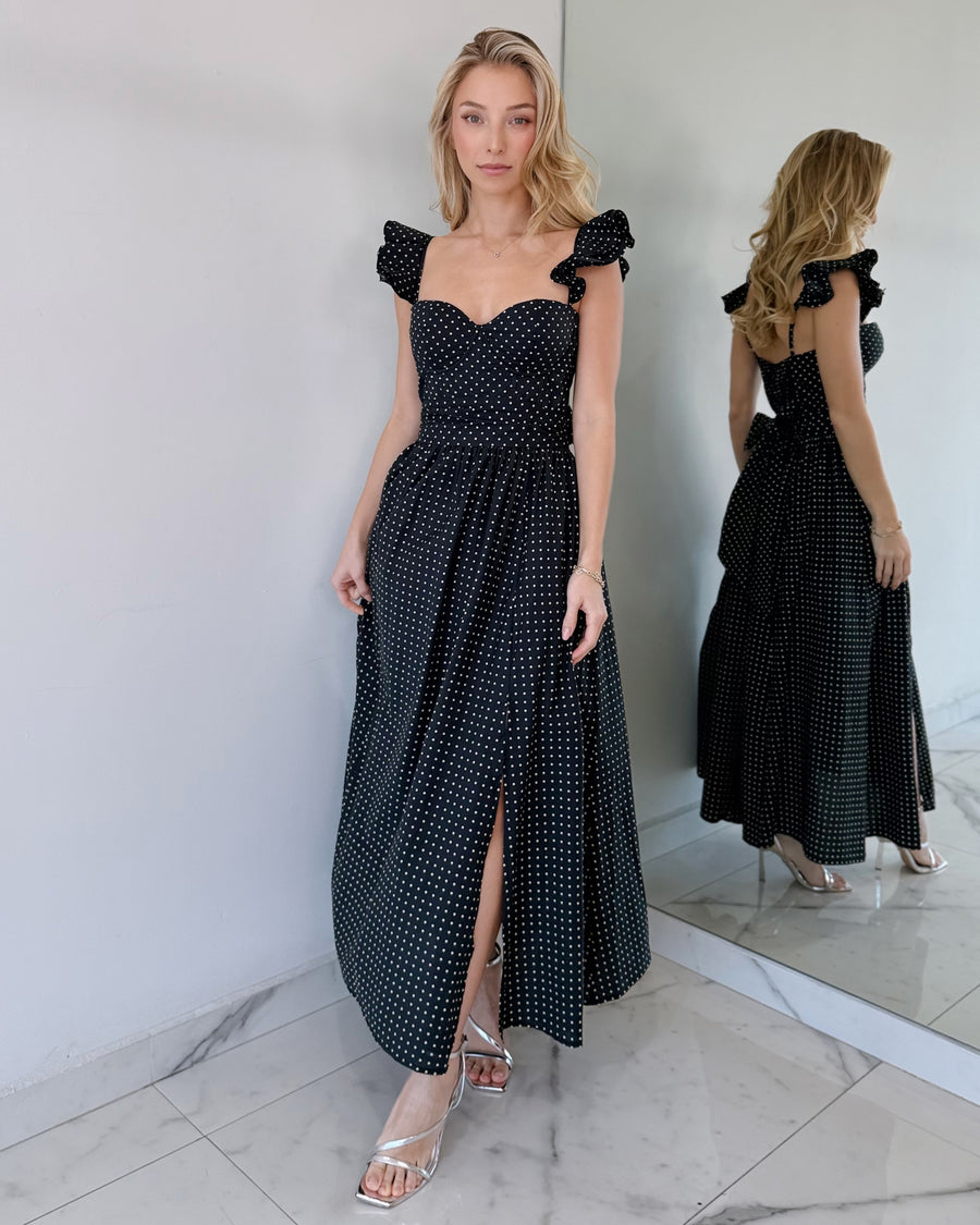 Black Pin Dots Ruffle Midi Dress