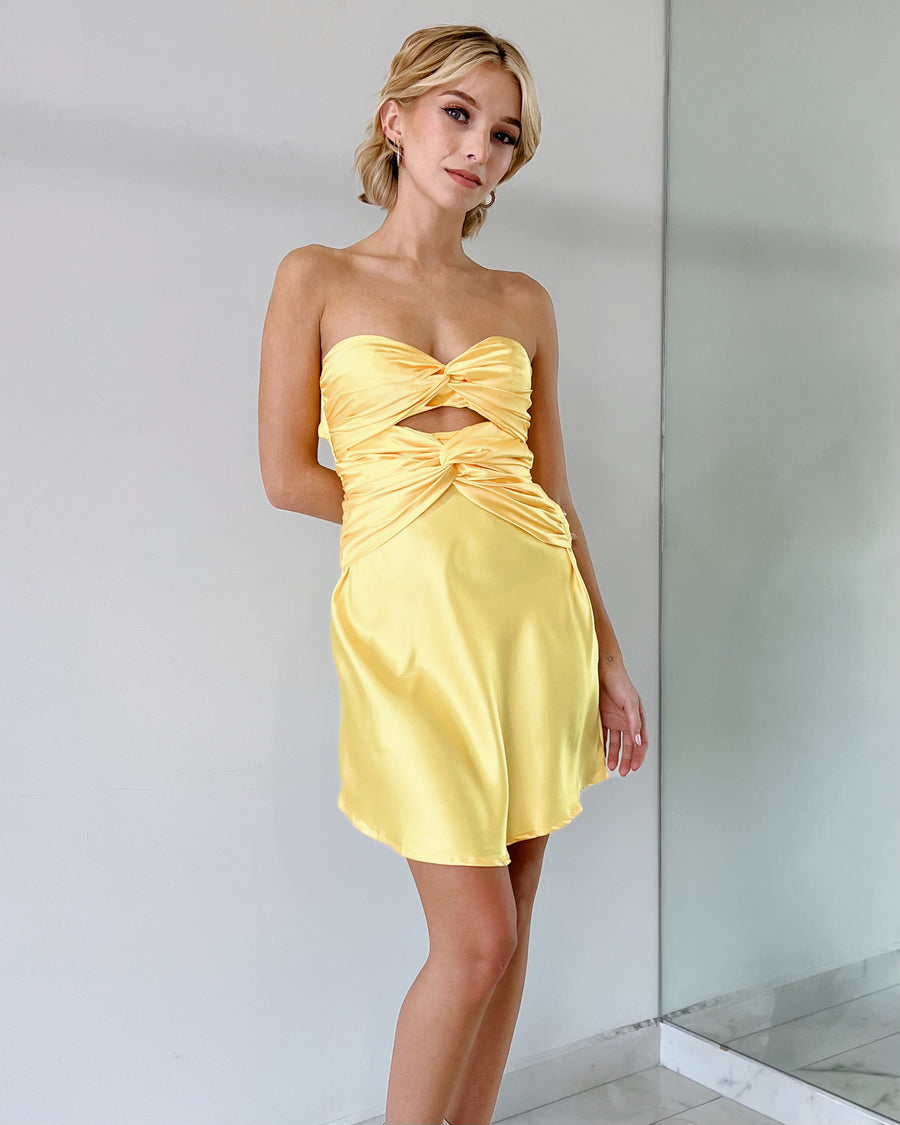Yellow Strapless Bun Mini Dress