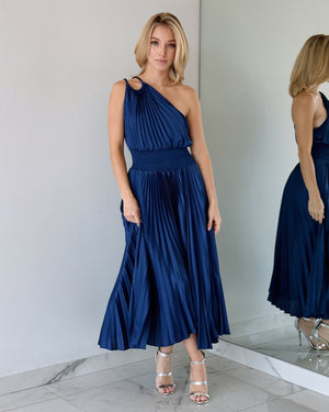 Blue Pleated One Shoulder Midi Dress