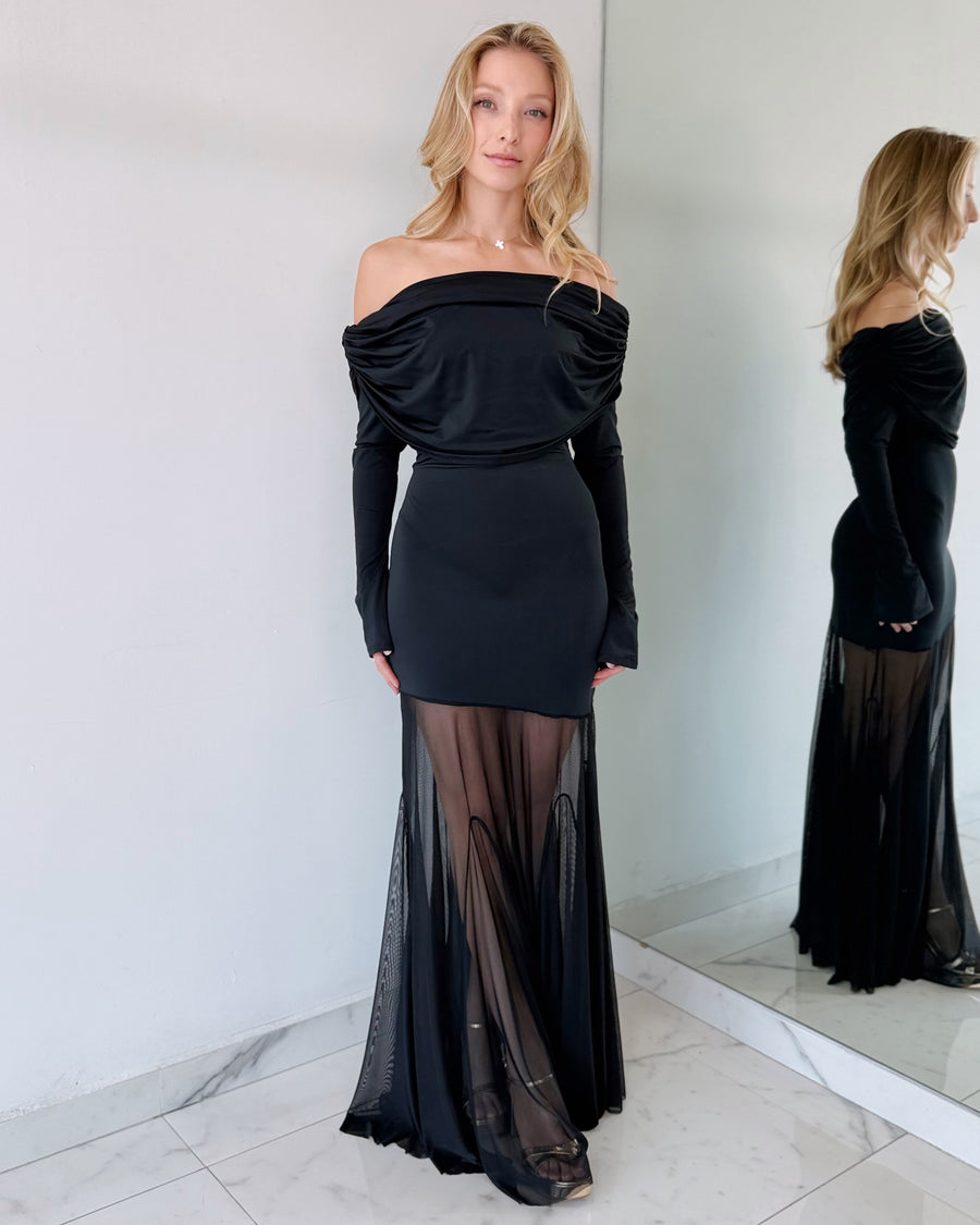 Black Off Shoulder Mesh Gown Dress