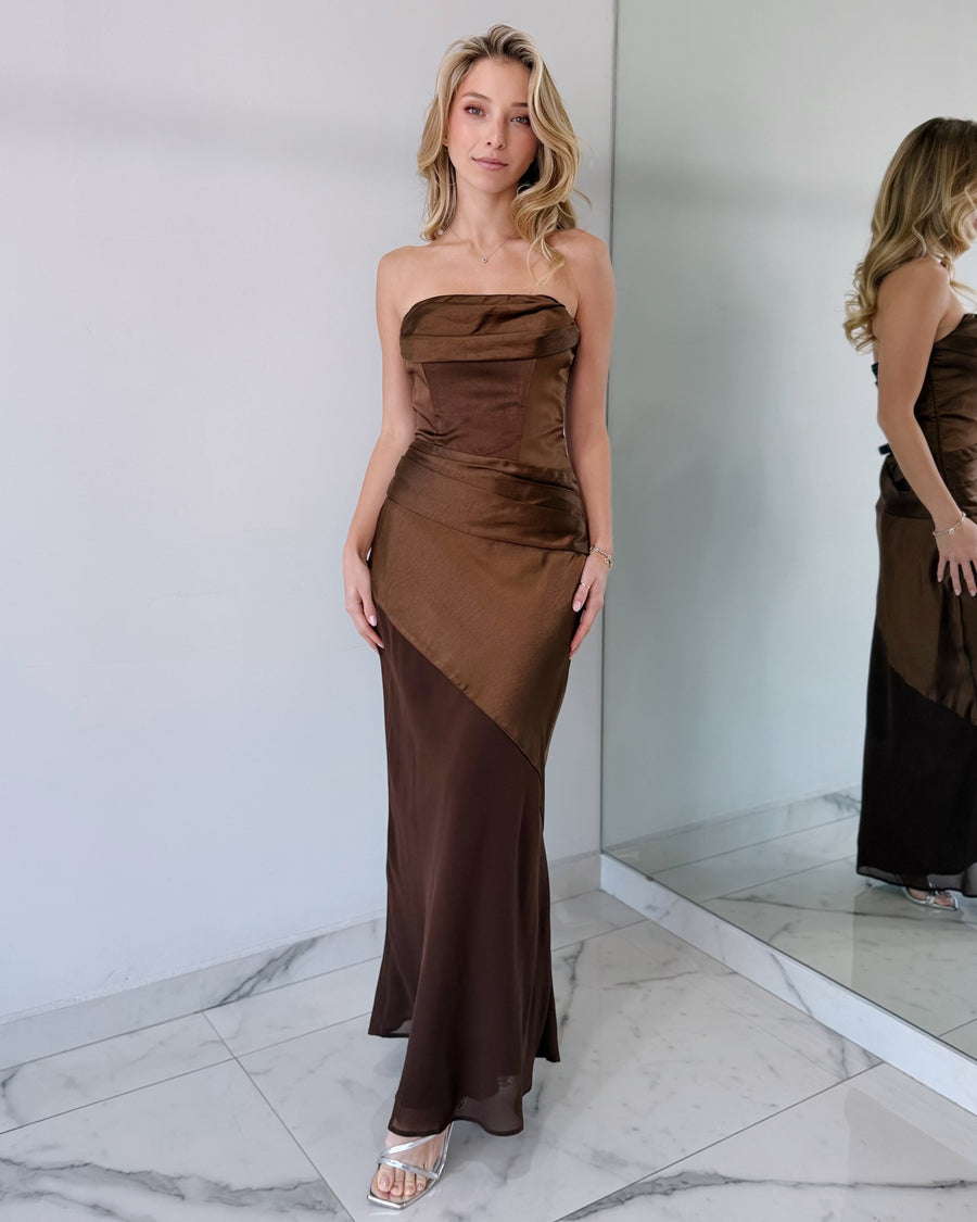Coffee Brown Strapless Maxi Dress