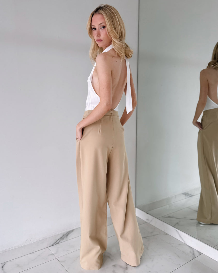 LJP11407 White Nude Open Back Jumpsuit