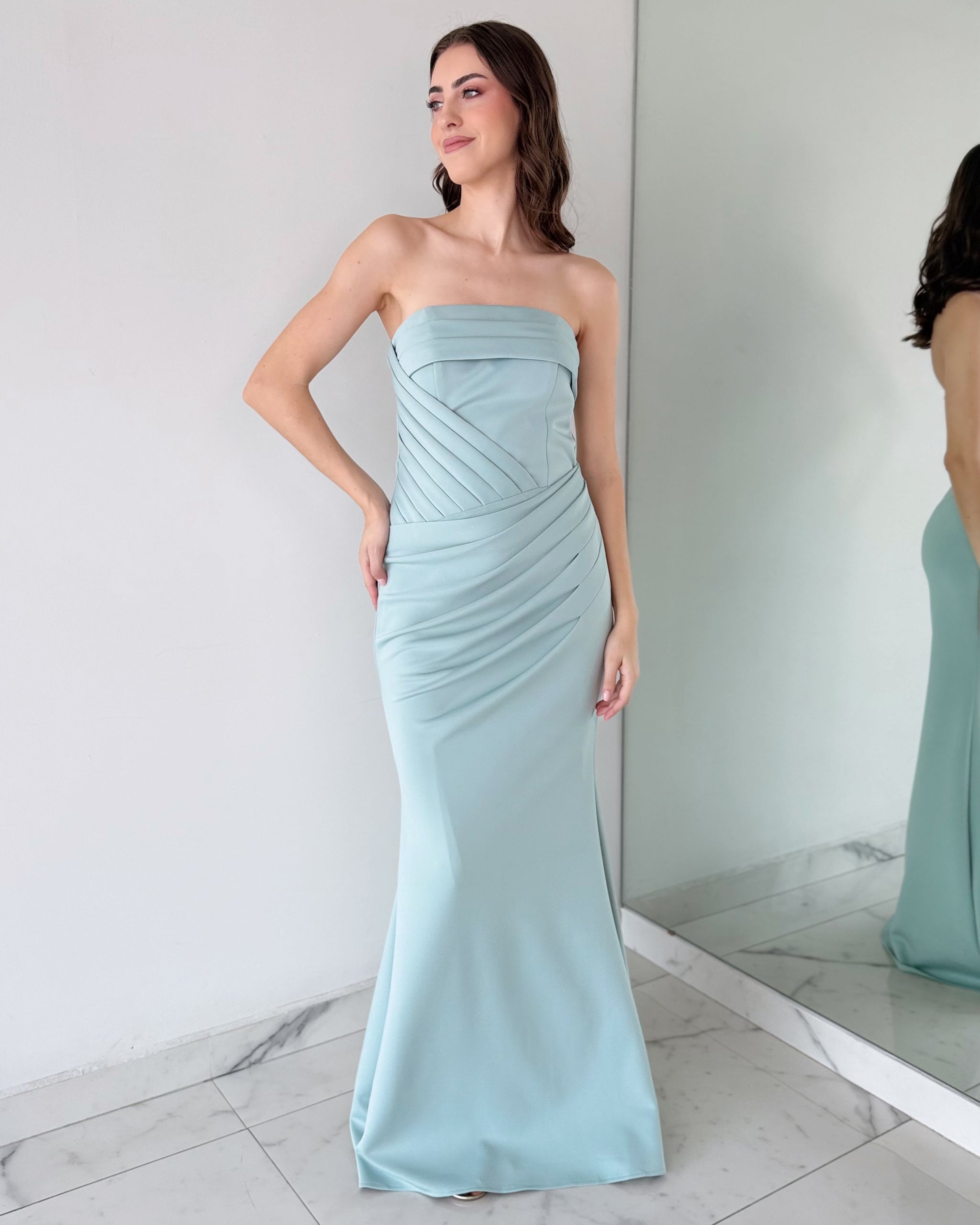 Mint Sage Strapless Neckline Gown Dress