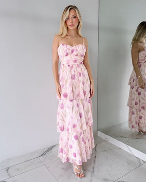 Lilac Floral Ruffle Maxi Dress