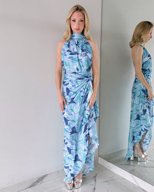 Blue Print Open Back Maxi Dress