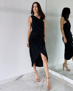 Black One Shoulder Midi Dress