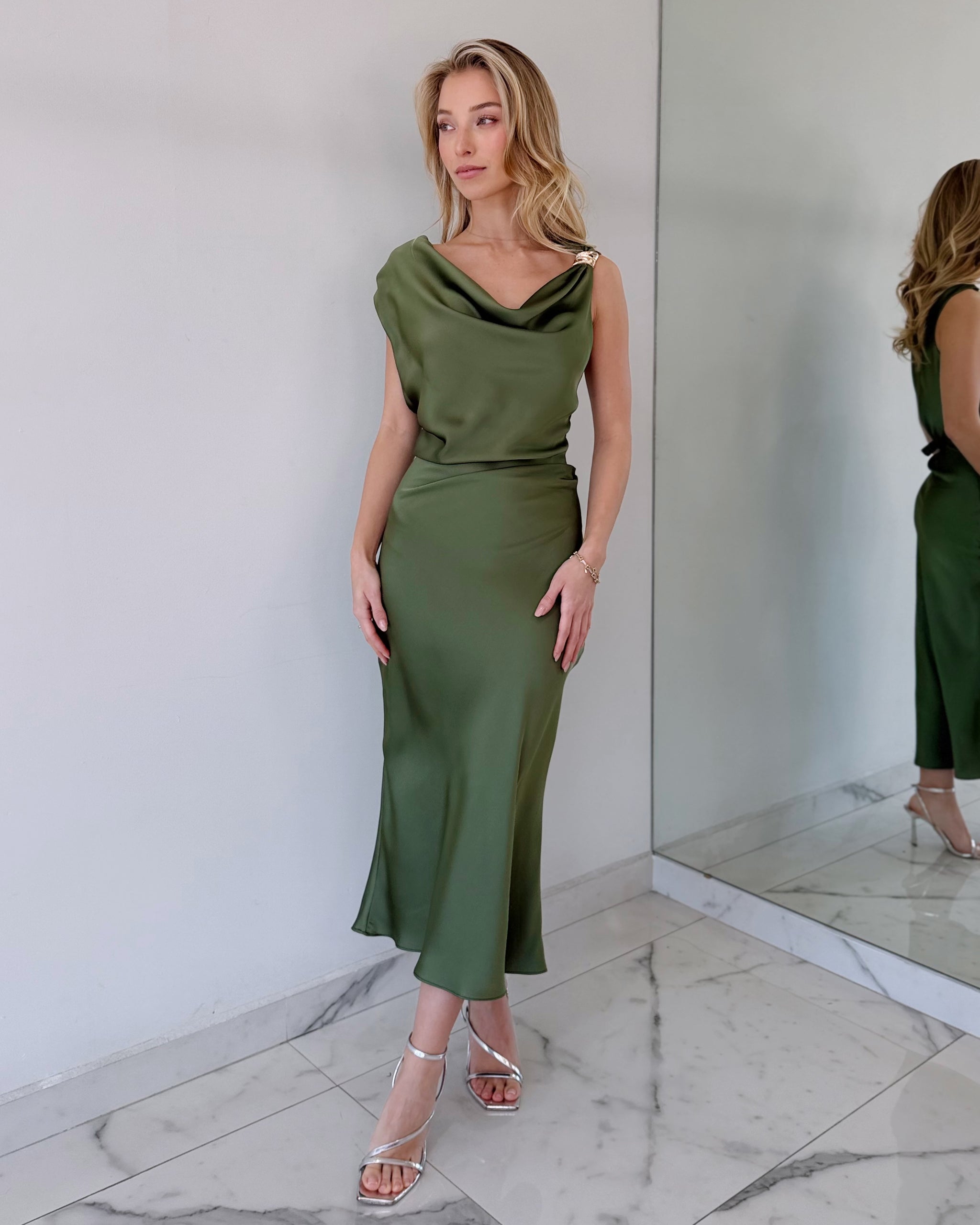 Green Shoulder Detail Midi Dress