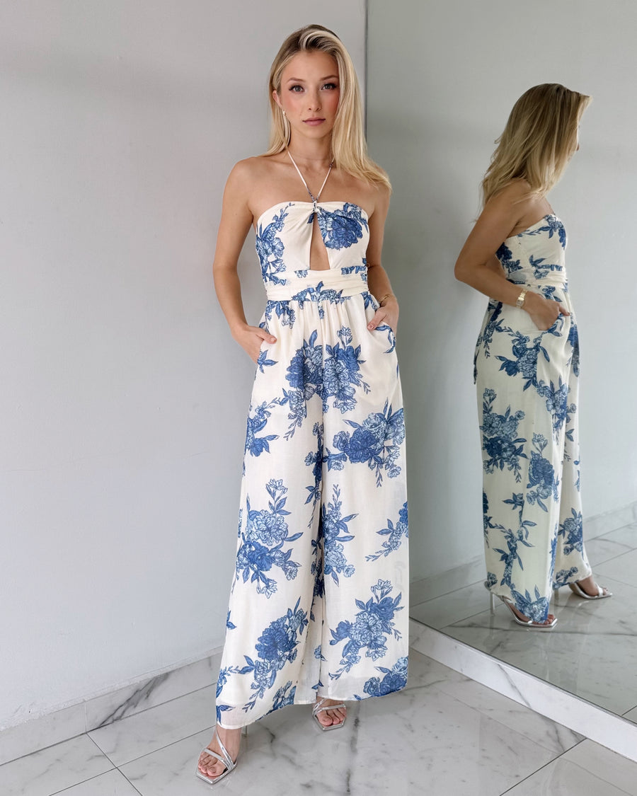 Blue Print Strapless Jumpsuit