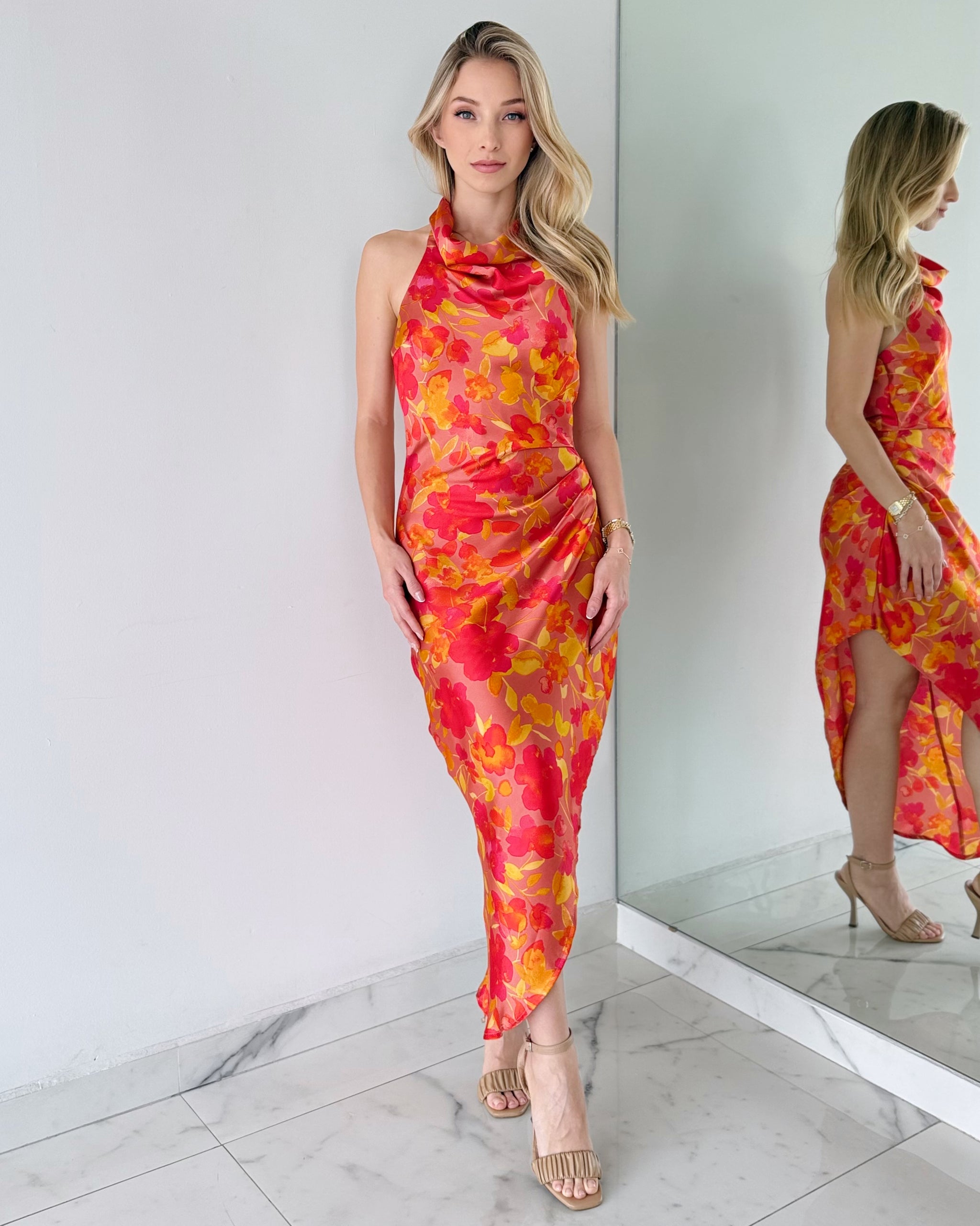 Orange Floral Print Halter Midi Dress
