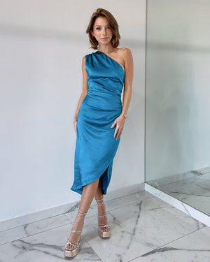 Blue One Shoulder Midi Dress