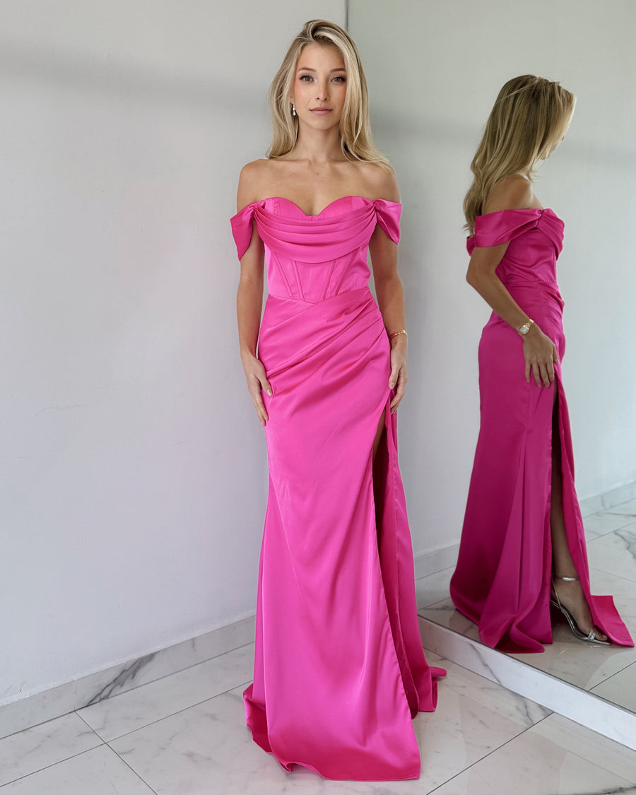 Pink Strapless Off Shoulder Gown Dress