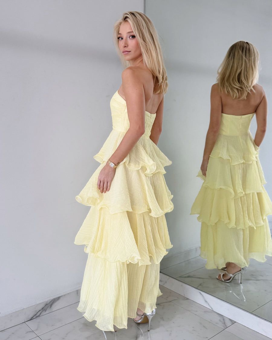 CM6406D Yellow Lemon Strapless Ruffle Midi Dress
