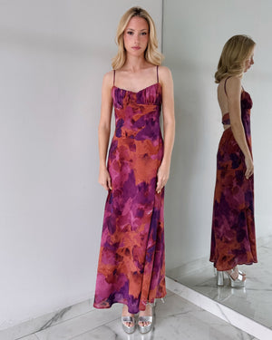Magenta Print Open Back Maxi Dress