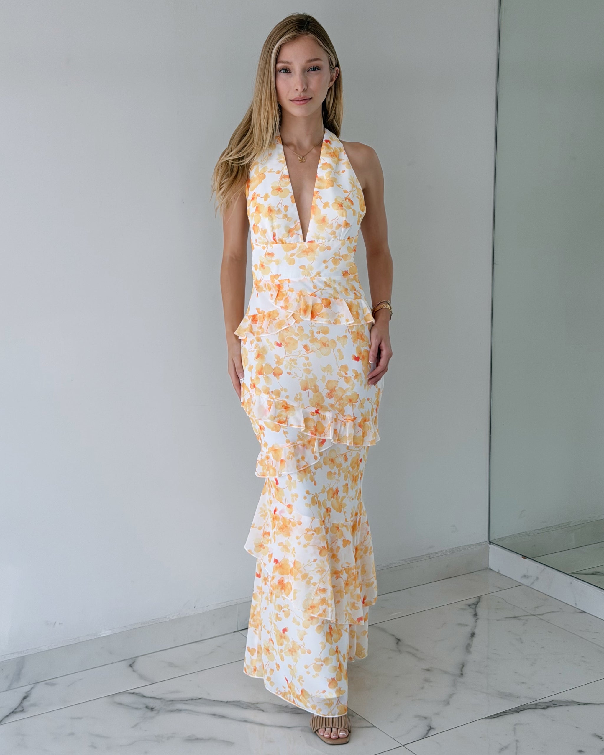 Yellow Print Open Back Maxi Dress